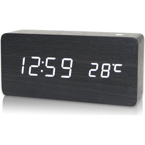 Despertador LED de madera con control por voz, funcionamiento silencioso y 3 niveles de brillo para dormitorio. (1/5)