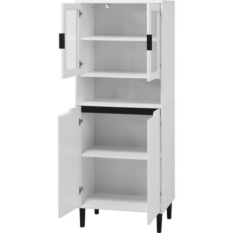 Armoire haute blanche en MDF laqué avec portes en verre trempé, 4 portes, rangement pour salon et chambre (1/5)
