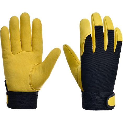 Gants de jardinage en cuir avec poignets réglables, antidérapants et respirants, noir et jaune, taille L (1/5)