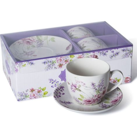 SET LIVELLO DI 2 TAZZE IN PORCELLANA CON PIATTINI 250 ML / 14 CM CON MOTIVO FIORI