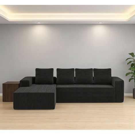 Divano angolare, divano da 4 posti con braccioli, 4 cuscini, divano chaise longue a destra, in velluto, nero (1/5)