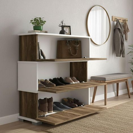 Dmora Armoire à Chaussures Baten Armoire d'entrée Multi-usages Meuble à Chaussures 90x30h93 cm Blanc Noyer (1/5)