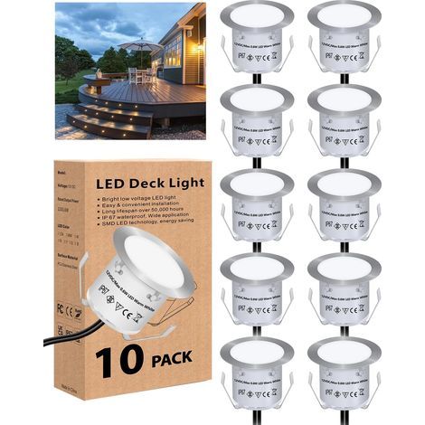 LED-Einbaustrahler für Terrasse, IP67 wasserdicht, 32 mm Durchmesser, warmweißes Licht, geeignet für Garten, Flur, Treppe, Weg, 10er-Pack [Energieklasse F] (1/5)