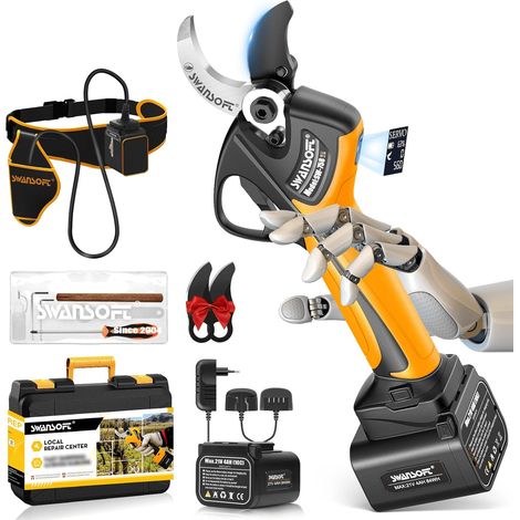 SWANSOFT Sécateur Électrique Sans Fil 40mm, [Mise à Jour Progressive+],21V Secateur a Batterie de Jardin 1050W, avec Batteries 4000mAh x2, Professionnelles pour verger, Écran LCD(Jaune) (1/5)