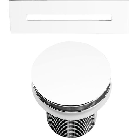 Stano. – Bonde clic-clac et cache trop-plein blanc pour baignoire îlot – Laiton massif et acier inoxydable – Dimensions 85mm h, 70mm Ø – Finition brillante