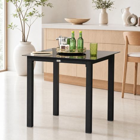Mesa de jardín cuadrada 80x80x74 cm en aluminio negro, vidrio templado, para 4 personas – MEUBLIV (1/5)
