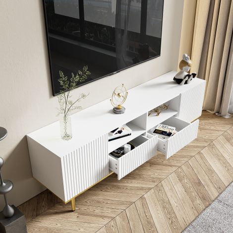Mueble de TV blanco 165 cm con almacenaje, patas doradas, 165x36x55 cm (1/5)