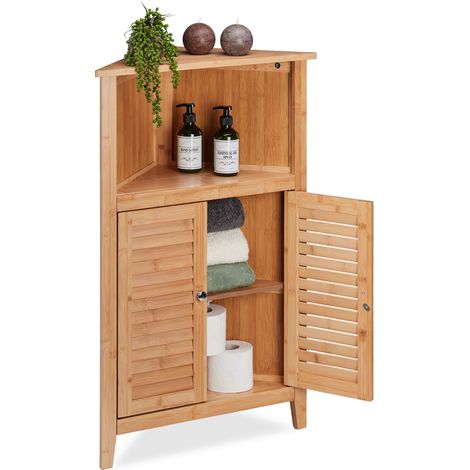 Relaxdays Mueble Esquinero de Baño, Armario Bambú Puertas Listones, 3 Compartimentos, 1 Balda, 92 x 58 x 30 cm, Natural (1/5)