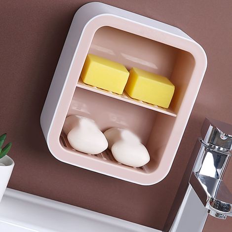 Porte-savon mural à ventouse pour WC, sans perçage, idéal pour les étudiants et les dortoirs. Style nordique, 2 niveaux, rose. (1/5)