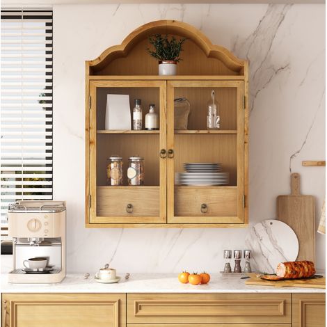 Armario colgante de madera con vidrio templado, estantes ajustables y 2 cajones, natural, OKMYHOME (1/5)