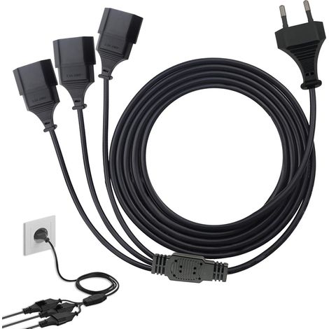 Rallonge de câble d'alimentation Euro 3 m 3 en 1 C Type C  vers prise européenne, 0,75 mm², 250 V/2,5 A, pour la maison et le bureau, noir (1/5)