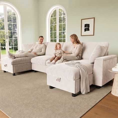 Canapé moderne en chenille en forme de U (deux places + deux méridiennes), méridiennes avec espace de rangement pliable, équipé d'un port USB et d'un port USB-C, beige, 284 × 135 × 84 cm (1/5)
