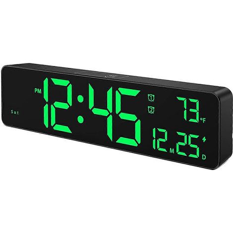 Horloge murale numérique, affichage LED à grands chiffres, double alarme, luminosité automatique, format 12/24 h, silencieuse, verte. (1/5)
