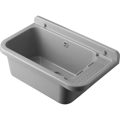 Evier mural 60 en polypropylène gris pierre – Résistant aux acides – Dimensions 59 x 34 x h 21 cm – Capacité 17 litres – Avec siphon et grille – Cr Smart