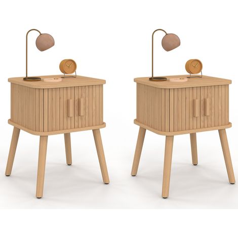 Idmarket – Lot de 2 tables de chevet effet lattes – 2 portes coulissantes – Dimensions 40x38x50 cm – Panneaux de particules bois clair