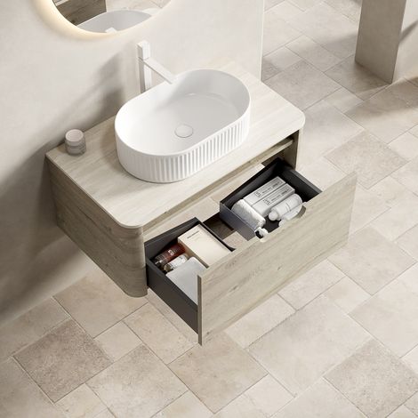 Meuble de salle de bain suspendu 80 cm avec vasque ovale blanche HAVRYA (1/5)
