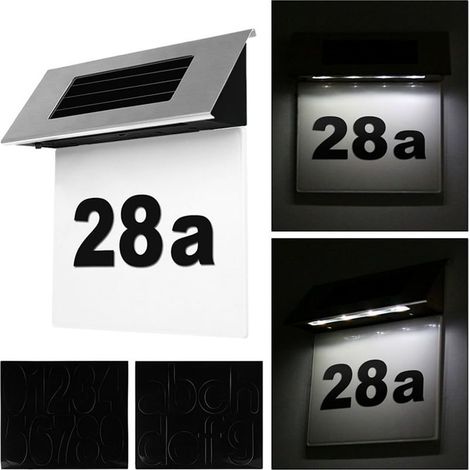 Lampe de numéro de plaque de porte solaire en acier inoxydable à 4 LED, éclairage de signe de lettres blanc froid (6000K) pour signe de numéros de porte de maison