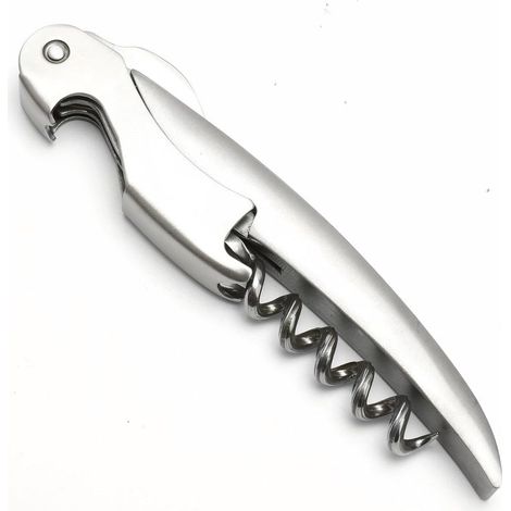 Tire-bouchon en acier inoxydable avec coupe-capsule dentelé et décapsuleur, finition polie et pochette en tissu (1/4)