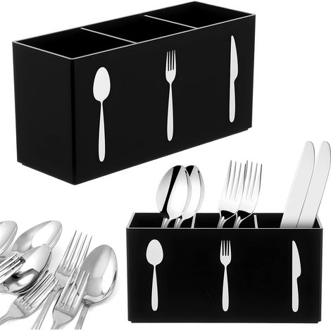 Range-couverts, boîte à couverts, porte-couverts, porte-couteau, fourchette et cuillère pour le plan de travail, boîte à couverts à trois compartiments, porte-couverts intérieur/extérieur (noir) (1/5)