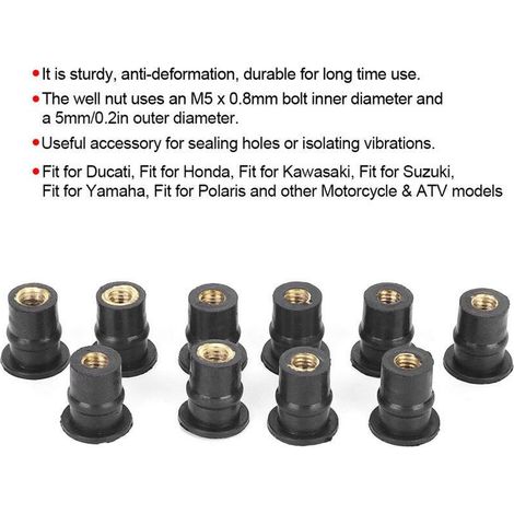 Lot de 10 écrous de puits en caoutchouc M5 5 mm – Filetage métrique pas standard – Compatible avec Ducati. Honda. Kawasaki. Suzuki. Yamaha (1/4)