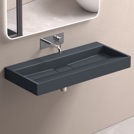 doporro Lavabo Suspendu avec Bonde Vasque à Poser Gris Noir Mat 100x46x11cm Lave Mains Rectangulaire sans Perçage de Robinet Colossum19