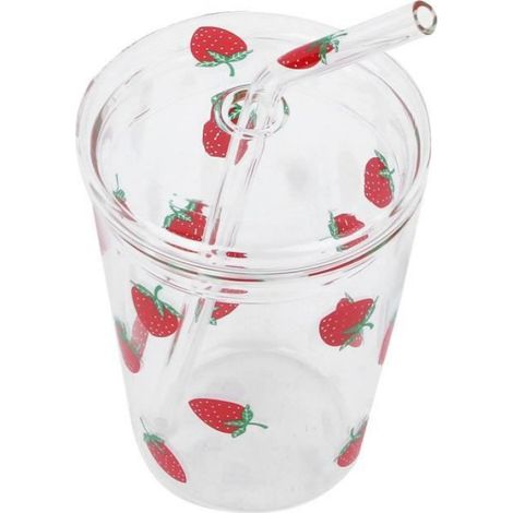 Tasse en Verre - - Motif Fraise - Résistant à la Chaleur - 300 ml - Verre Borosilicaté (1/4)