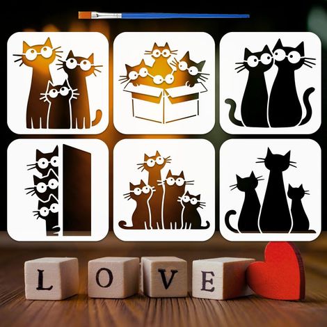 6 Pcs Pochoirs Chat Noir avec un Pinceau 15x15cm Pochoirs Silhouette de Chats Mignons Gabarits de Dessin sur le Thème Animal Pochoir PET Réutilisable pour Peinture Cartes Maison DIY (1/5)