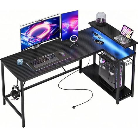 58" L-Shaped Gaming Desk with LED Lights and Power Outlets, Reversible Corner Desk for Home with Shelves, PC Workstation with Hooks for Study, Black