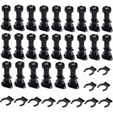 24 Pièces Pieds D'Armoire Plastique, Pied de Meuble, Pied Réglable pour Meuble, Noir Pieds de Meuble Plastique avec Clip Fixation Base pour Meubles de Cuisine, Armoire et Canapé (60mm-8mm) (1/5)