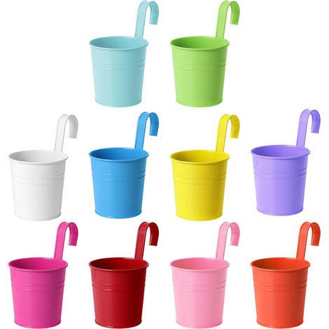 Lot de 10 pots de fleurs colorés en métal à suspendre avec crochet amovible, pour balcon, clôture, décoration d'intérieur (1/5)