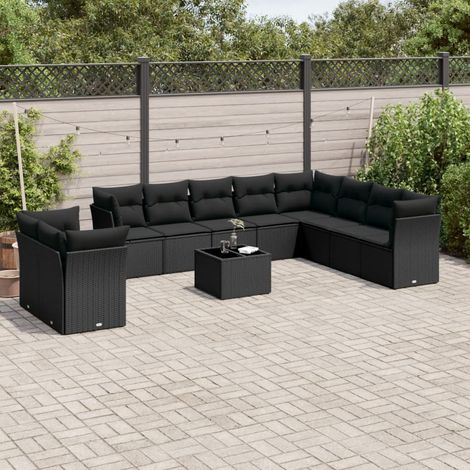 vidaXL Salon de jardin 11 pcs avec coussins noir résine tressée (1/3)