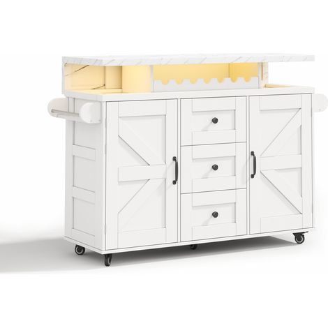 Isola cucina bianca in MDF, piano ribaltabile, LED App, 5 ruote, portabottiglie e portabicchieri (1/5)