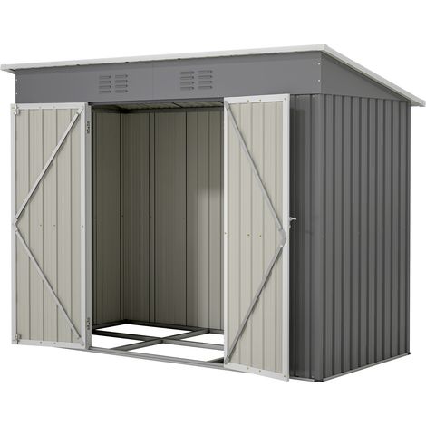 Abri de jardin métal avec fondation métallique et 2 portes, toit incliné, étanche, 242x126x182 cm, gris