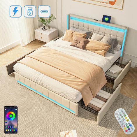 Polsterbett 180x200 cm mit 4 Schubladen, LED, Fernbedienung, Lattenrost, USB und Type-C, Doppelbett aus Leinenstoff - Beige