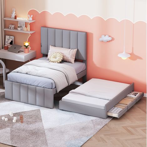 DESVIAE Lit simple rembourré 90 x 200 cm avec lit gigogne et 3 tiroirs de rangement tête de lit réglable en hauteur tissu coton et lin gris (1/4)