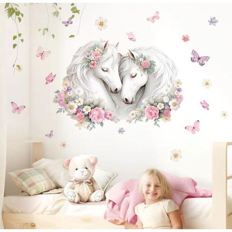 Sticker mural autocollant motif tête de cheval Pour chambre d'enfant - Motif papillons Belle décoration - Pour fête d'anniversaire (1/4)