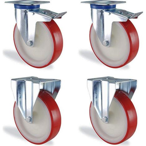Lot roulettes fixes et pivotantes à frein polyuréthane rouge diamètre 150mm charge 1200kg