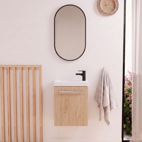 Ensemble lave-mains suspendu NEVADA avec robinet noir et miroir ovale (1/5)