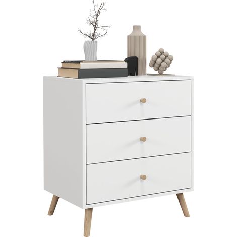 Kommode mit 3 Schubladen, skandinavisches Design, Schlafzimmermöbel, weiße MDF-Platte, Griff, konische Beine, massives Kiefernholz