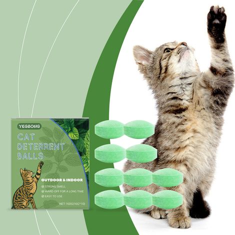 Comprimés répulsifs pour chats, pratiques à utiliser à l'intérieur comme à l'extérieur, prévenant les griffures et les incontinences urinaires. Contient 10 comprimés et 3 sacs en filet. (1/5)
