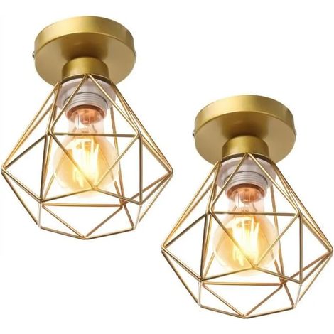 U-Do 2Pcs Plafonnier Industriel Vintage Lampe de Plafonde Cage forme Diamant Mini en Métal Doré (1/4)