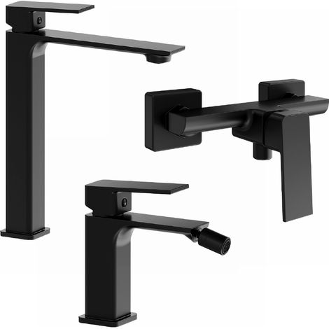 Set Miscelatori con Lavabo Alto, Bidet senza Scarico ed Esterno doccia in Ottone Nero Opaco Mod. Ingrid (1/4)