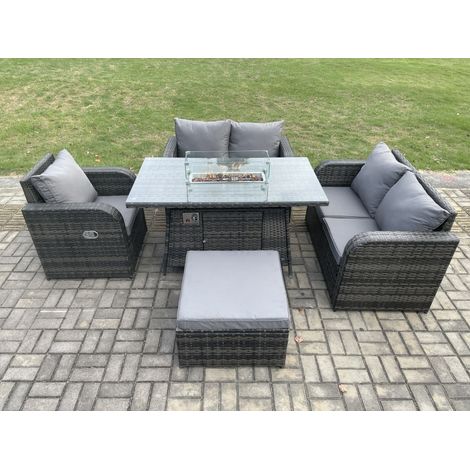 Fimous Rattan Gartenmöbel Set mit Gas Feuergrube Esstisch Großer Fußhocker Indoor Outdoor 5-teilige Sofa Set (1/5)