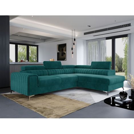 Ecksofa mit Schlaffunktion Sofa ELENI Stoff Matt Velvet Meeresgrün Ottomane Rechts (1/4)