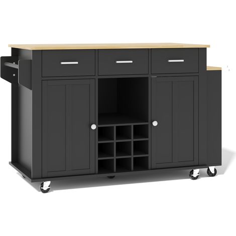 Îlot de cuisine mobile avec plan de travail extensible, 3 tiroirs, rangement vin, prise USB, 136(223)x50x93 cm, MDF noir/chêne (1/5)