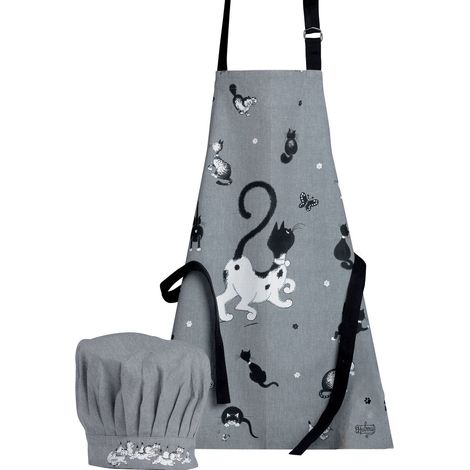 Ensemble Tablier de Cuisine et Toque Enfant en Coton Noir et Blanc 52 x 63 cm - PANGIVO