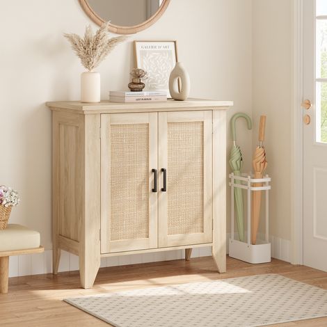 Buffet Bas avec 2 Portes en Rotin, Vaisseliers en Bois avec Dispositif Anti-basculement, Armoire de Rangement de Cuisine, Étagère réglables en 3 Hauteur, Naturel, 74x45x87cm (Naturel)