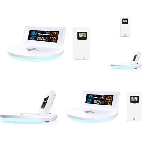Station Météo - INDOOR/OUTDOOR - Blanc - Chargeur Induction - Horloge - Hygromètre avec Sonde