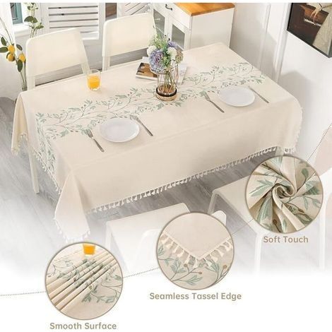 Beige rechteckige Tischdecke, fleckenabweisend und waschbar – knitterfrei, aus Baumwolle und Leinen – bestickt mit grünen Blättern und Fransen – 140 x 220 cm (1/4)