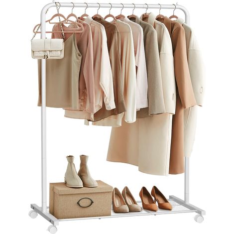 Portant à Vêtements à Roulettes, Porte-manteaux, Barre Supporte Jusqu’à 40 kg, avec Tringle, Étagère de Rangement en Maille, Style Industriel, pour Chambre, Buanderie, Blanc HSR025W01 (1/5)
